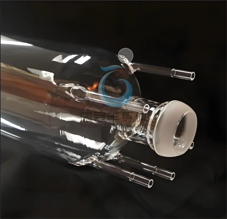 Large, clear Fused Quartz furnace tube with multiple complex branches and a frosted end.