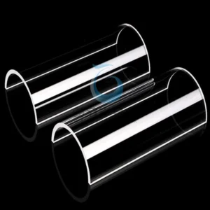 Two clear, half-cylindrical Fused Quartz components with polished edges, used as liners or shields