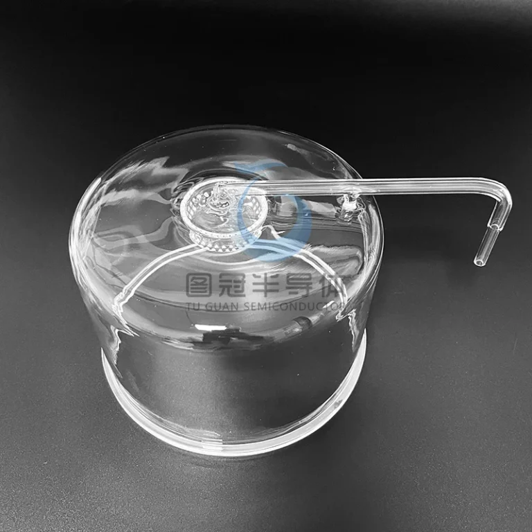 Clear Fused Quartz spray chamber with an integrated angled inlet arm and internal structure