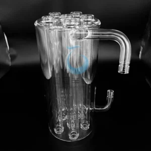 Clear Fused Quartz multi-tube reactor with top inlets/outlets and a side arm.