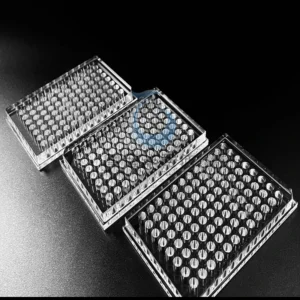 Three clear Fused Quartz microplates, each with multiple cylindrical wells arranged in a grid pattern