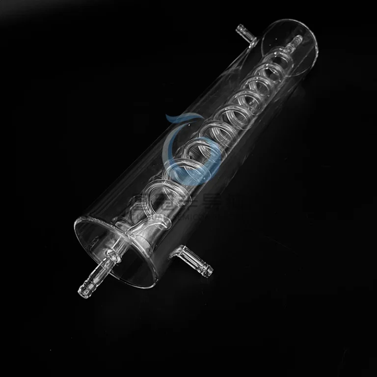 Clear Fused Quartz condenser tube with an internal spiral coil and two side inlets/outlets.